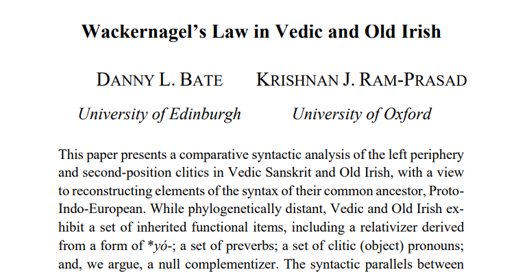 New Article: ‘Wackernagel’s Law in Vedic and Old Irish’